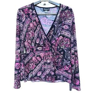 B.I.Y.A.Y.C.D.A Women Top XL Pink Black V Neck Floral Long Sleeve Y2K Bohemian